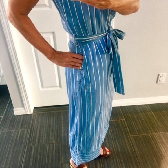 FATE  tencel blue/white striped jumpsuit with tie up halter neck size small - Picture 5 of 13